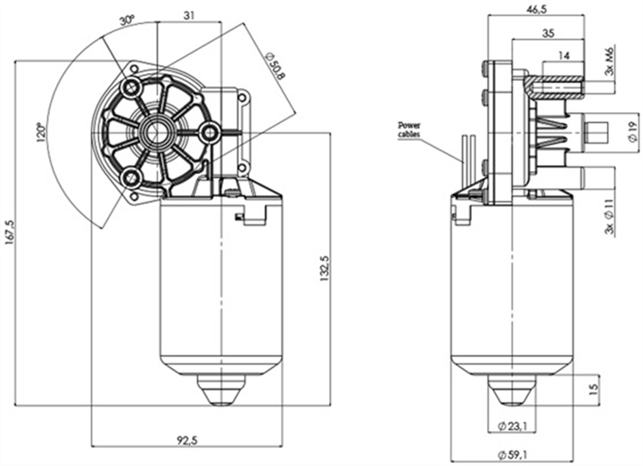Technical drawing GML-59-31-Z3 Gear motor CC Diameter 59 Pitch 31-Elvi
