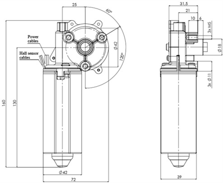 Technical drawing GMR-42-P-25-Z3-H Gear motor CC Diameter 42 Pitch 25-Elvi
