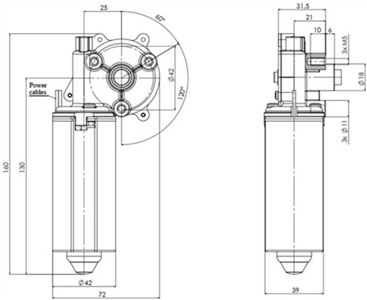 Technical drawing GMR-42-P-25-Z3 Gear motor CC Diameter 42 Pitch 25-Elvi