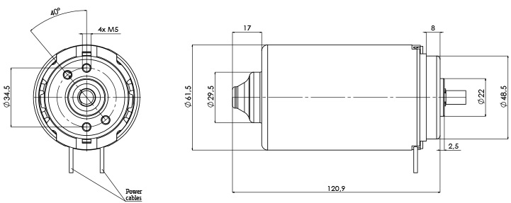 Technical drawing M-61,5-P Electric motor CC Diameter 61,5 -Elvi