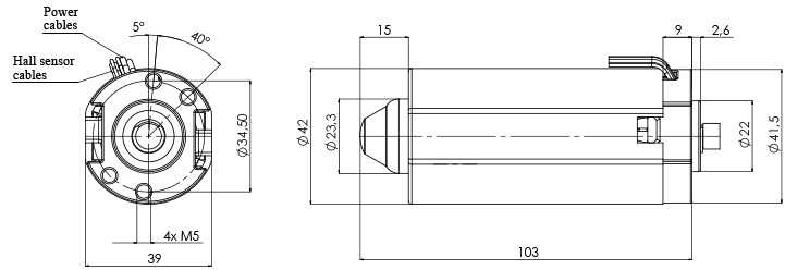 Technical drawing M-42-H Electric motor CC Diameter 42 - Elvi