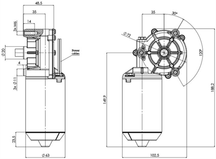Technical drawing GMR-63-P-35-Z1-A Gear motor CC Diameter 63 Pitch 35-Elvi