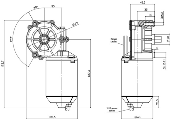 Technical drawing GML-63-35-Z1-A-H Gear motor CC Diameter 63 Pitch 35-Elvi