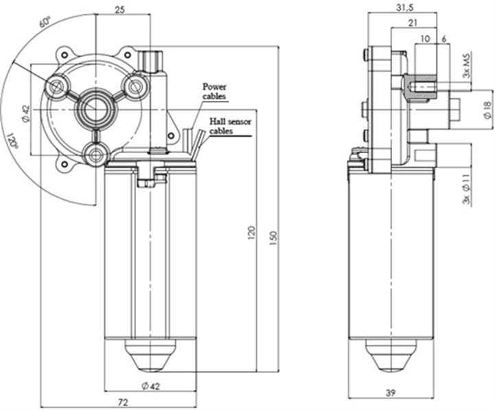Technical drawing GML-42-25-Z3-H Gear motor CC Diameter 42 Pitch 25 -Elvi