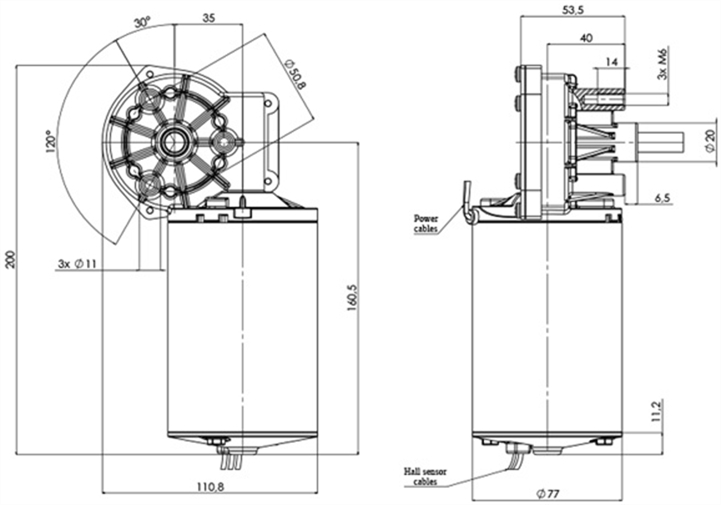 Technical drawing GML-77-35-Z3-H Gear motor CC Diameter 77 Pitch 35 -Elvi