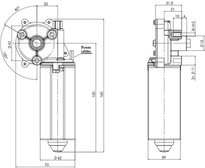Technical drawing GML-42-P-25-Z3 Gear motor CC Diameter 42 Pitch 25-Elvi