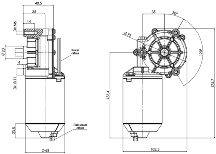 Technical drawing GMR-63-35-Z1-A-H Gear motor CC Diameter 63 Pitch 35-Elvi
