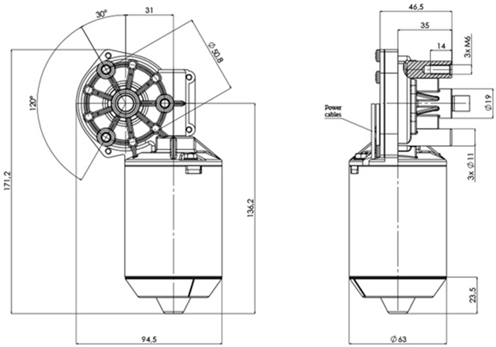 Technical drawing GML-63-31-Z2 Gear motor CC Diameter 63 Pitch 31-Elvi