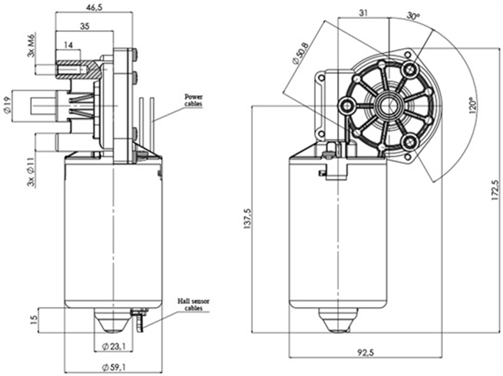 Technical drawing GMR-59-31-Z1-H Gear motor CC Diameter 59 Pitch 31 -Elvi