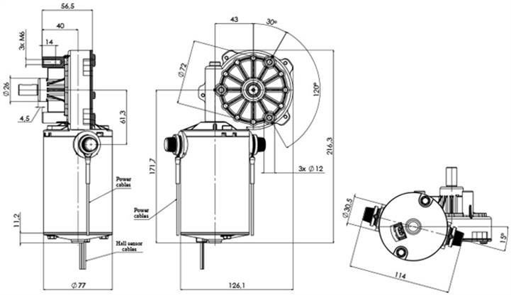 Technical drawing GMR-77-43-Z1-BXH DC gearmotors diameter 77 - Wheelbase 43 - Elvi