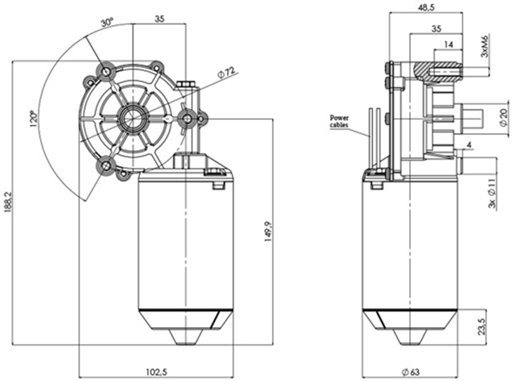Technical drawing GML-63-P-35-Z1-A Gear motor CC Diameter 63 Pitch 35-Elvi