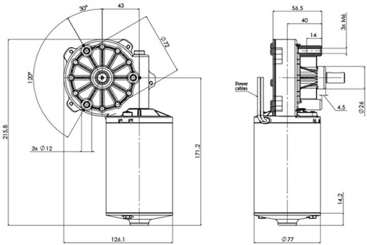 Technical drawing GML-77-43-Z3 Gear motor CC Diameter 77 Pitch 43-Elvi